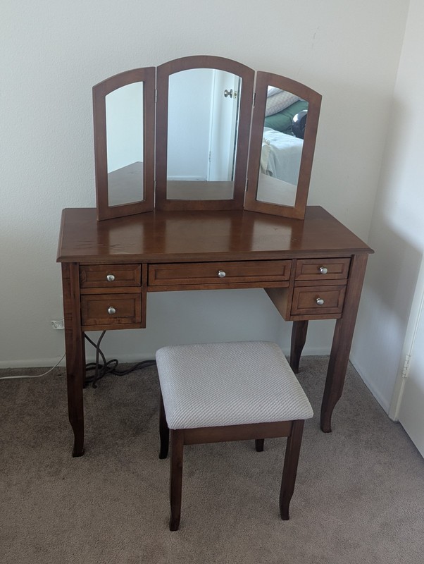 VANITY SET - TWO PIECE - TRI-FOLD MIRROR - WALNUT FINISH - 5 DRAWERS - BENCH