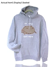 Pusheen The Cat "So Lazy Can't Move" Grey Hoodie Sweatshirt, Size Large, New