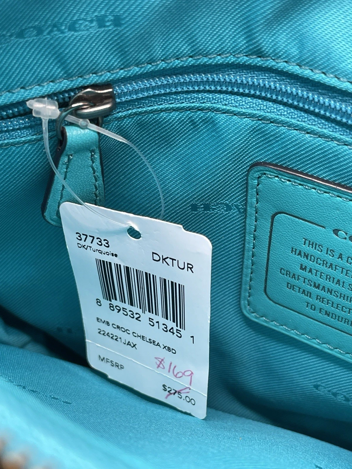 Coach Chelsea tracolla spalla turchese coccodrillo pelle goffrata 37733 nuova con etichetta