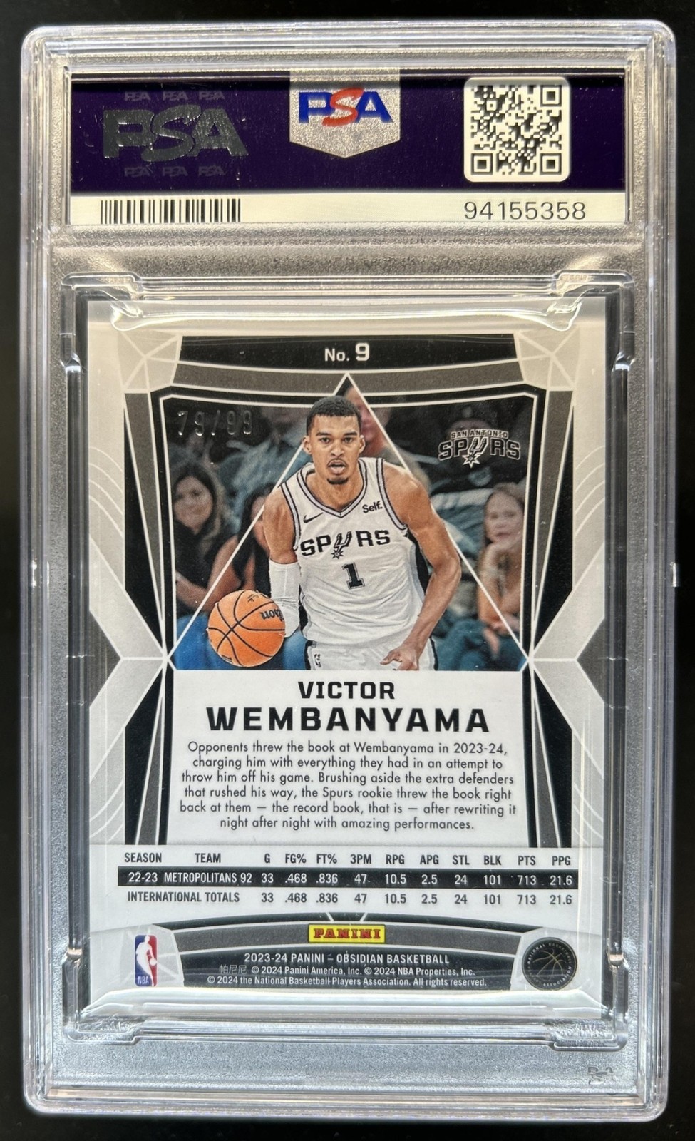 2023-24 Obsidian Victor Wembanyama RC Electric Etch Orange Flood #/99 PSA 9 view 2