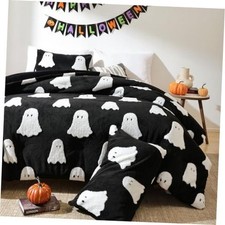 Halloween Comforter Set, Fleece King 3 Pieces King- 104"x90" Black Ghost