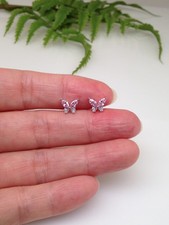 Pink Butterfly Stud Earrings Sterling Silver 925 CZ Dainty Tiny Studs 7mm