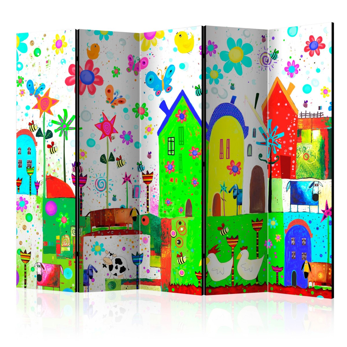 Paravent 5 volets Happy Farm II de 172x225cm en toile imprimée pour séparation de pièce