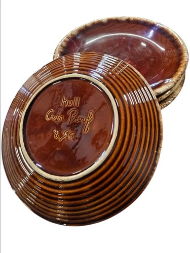 Vtg  MCM Hull Pottery Brown Drip 10 1/2" Plates Set of 4 Oven Proof USA Nice