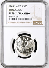 2003 South Africa 5 Cents Rhinoceros Silver Proof Coin 0.925 Km# 355 NGC PF69UC