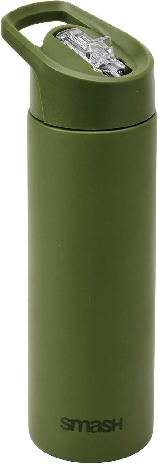 Stainless Steel Water Bottle 750ml Flip Top Lid Straw Olive Reusable Drink Flask