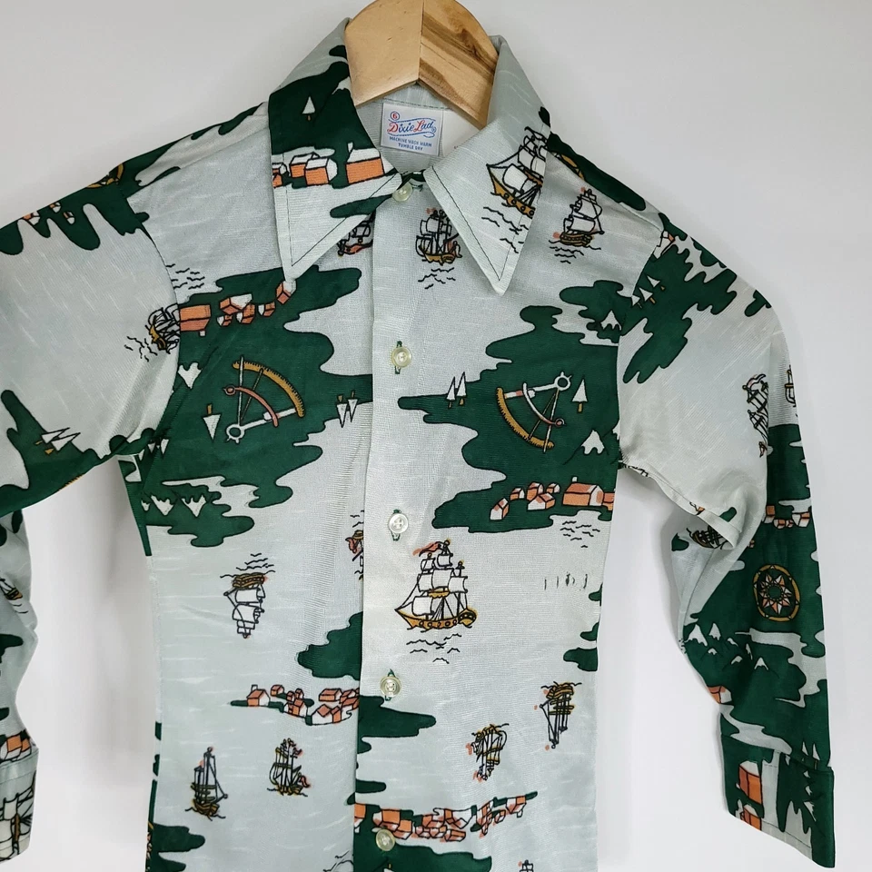 Camisa De Colección Años 70 Dixie Lad Niñas Botón Delantero 6 Verde Barco Náutico Retro LEER Foto 4 de 4