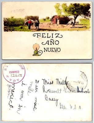 1916 Matamoros Mexico Feliz Año Nuevo Hand-Colored Postcard Oxen Cart Scene