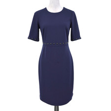 DKNY Dress Womens 4 Navy Blue Sheath Stretch Knit Back Zip Black Studs Office