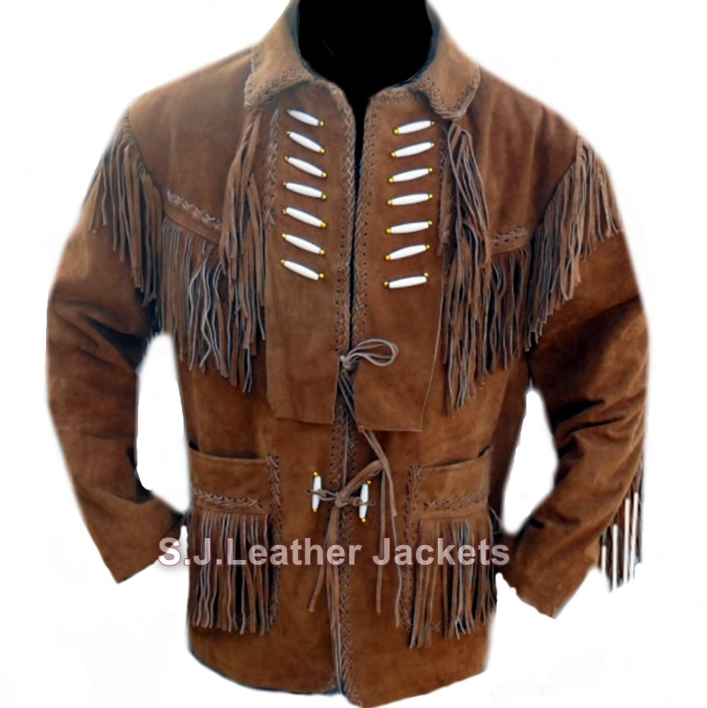 Men's Western Fringed Suede Leather Coat with Bone Accents