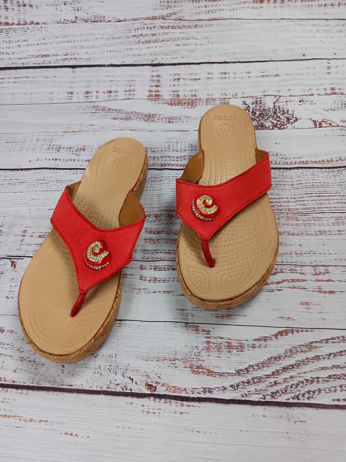 Crocs Flip Flops Womens 7 A-Leigh Cork Wedge Thong Tan Red 202031 Embellished-image