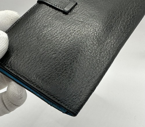 HERMÈS Bearn Souffle Epsom Leather Black/light blue Bifold Long Wallet GoldMetal - Picture 14 of 22