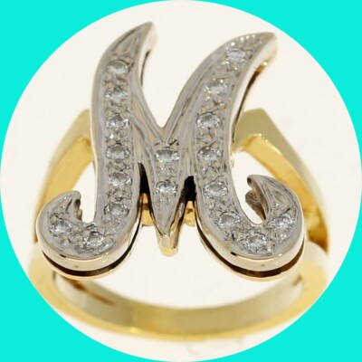 Diamond Script Initial M Ring .27CT 18K Multi Tone Gold Size 5.5 | eBay