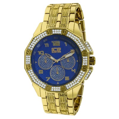 Luxury White Cz On Yellow Gold Tone Finish w/ Blue Face ''Granduer'' Custom Watch