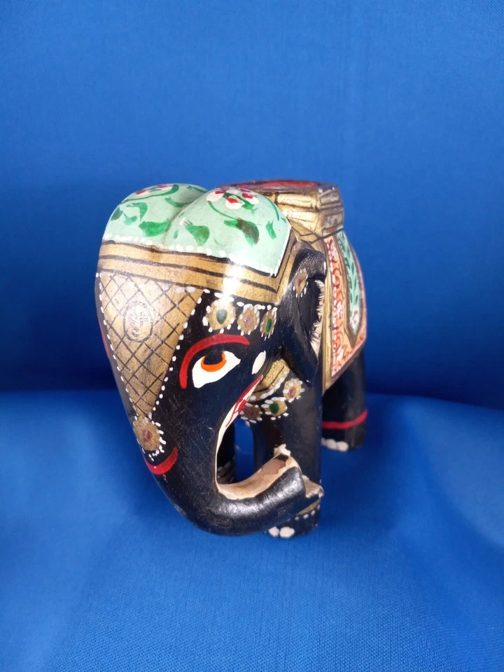 Escultura de madera pintada tallada a mano de elefante estatua decoración del hogar Foto 3 de 4