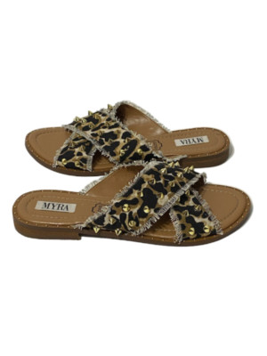 MYRA Womens 8 / 9 Fudge Flats Leather Leopard Print Frayed Edge Gold Spike Studs