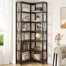 7-Tier Rustic Brown Corner Bookcase Etagere Bookshelf Tall Storage Shelves Rack