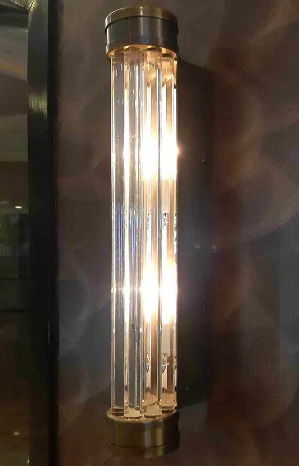 Vintage Antique Art Deco Brass & Glass Rod Ship Light Fixture Wall Sconces Lamp - Image 2 of 4