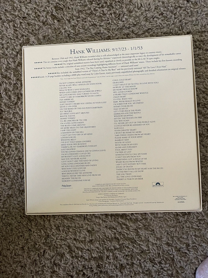 Hank Williams The Original Singles Collection 1990 Box Set POLYDOR Country Music - Image 2 of 3