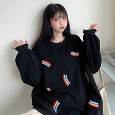 Women Rainbow Pullover Sweatshirt Top Harajuku Preppy Cute Oversize Loose