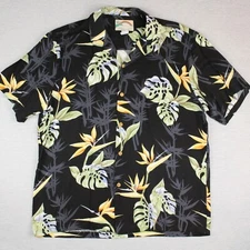 Paradise Found Hawaiian Shirt Mens Size L Black Floral Rayon Button Up
