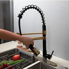 Deck Mounted 360 Swivel Pull Out Stream Spray Kitchen Faucet Black/Gold