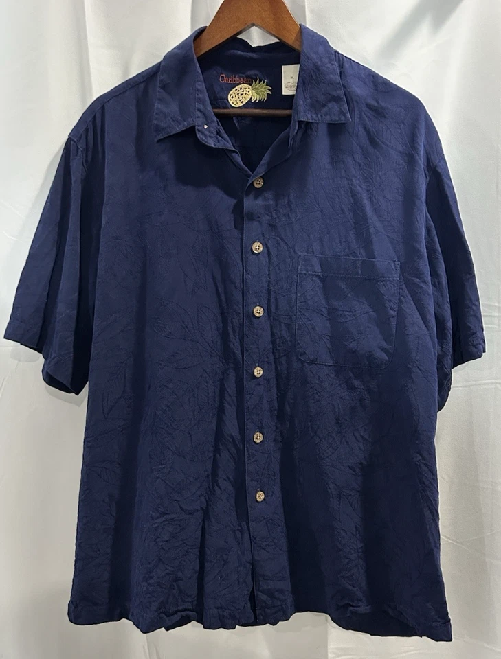 Caribbean Mens XL Silk Blend Shirt Blue Hawaiian Tropical Beach Vacation - Image 4 of 4