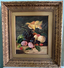 19th CENTURY STILL LIFE FRUIT ON A LEDGE SIGNED ANTIQUE OIL PAINTING