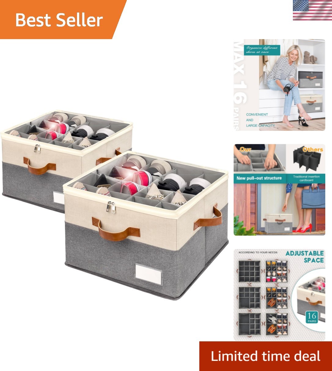 Shoe Organizer for Closet, Foldable Shoe Storage Bins with Clear Cover, Space...-image