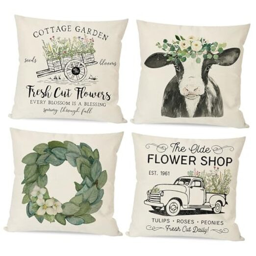 Spring Farmhouse Magnolia Wreath Pillow Covers 18x18 Set of 4 for Home Decor-image