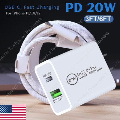 Fast Charger For iPhone 15 16 17 iPad 20W Adapter PD Braided USB C -Type C Cable