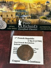 1st French Republic 5 Centimes L’AN 8 (1799) Post French Revolution Copper CF35