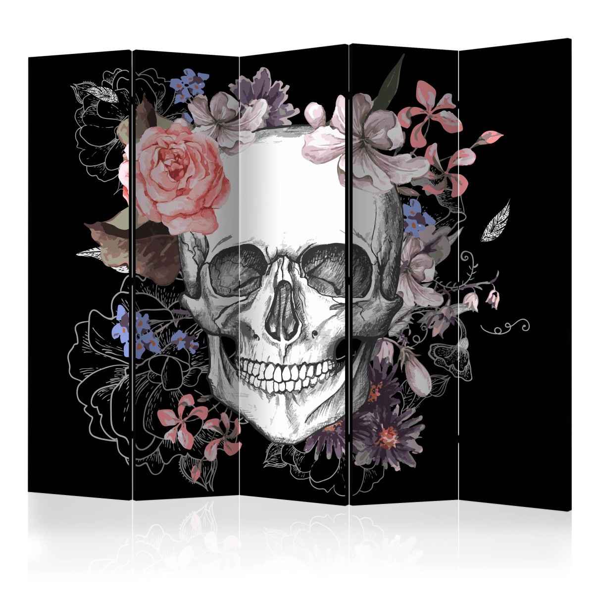 Paravent 5 volets Skull & Flowers 172x225cm pour masquer le vis-à-vis et cloisonner sans travaux