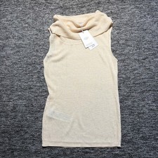Mango Ribbed Knit Sleeveless Roll Neck Top Womens Small Beige Lightweight New