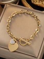 Luxurious Stainless Steel Bracelet 18k Gold Plated With Two Heart Shaped Pendant