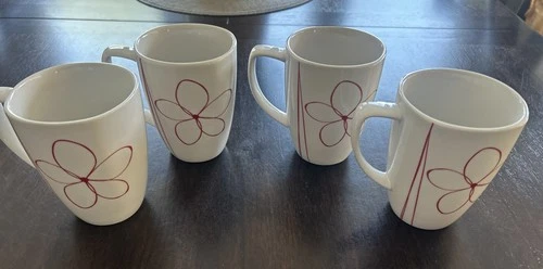Corning Corelle Daisy Days Mugs Set of 4 Red Floral 12 Oz Coffee Tea Porcelain