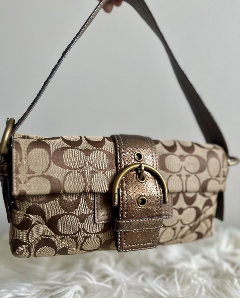 Coach Soho Flap Bag Signature Jacquard Snake Trim Bronze Antique