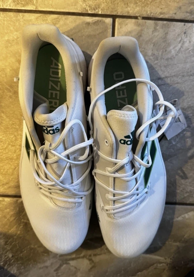 NOVO Adidas Adizero Afterburner 8 beisebol masculino de metal branco/verde tamanho 14 H00973 - Imagem 3 de 4