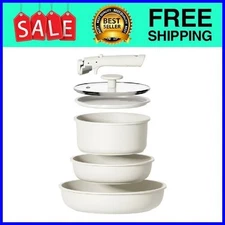 Carote 6-Piece Non-Stick Detachable Pots and Pans Set, White Granite