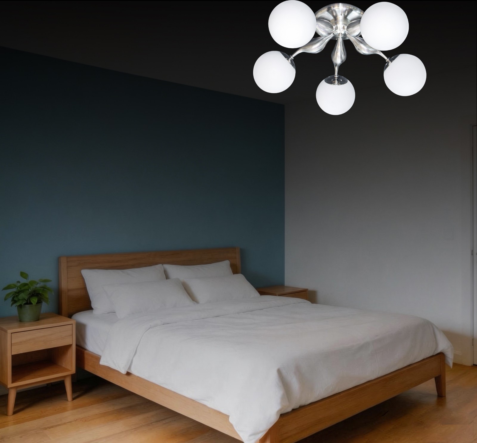 5-Lts Contemporary Ceiling Light Brushed Nickel Frosted Glass Globe Flush Mount