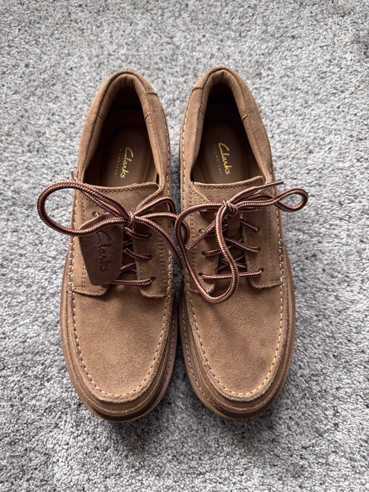 Clarks Clarkhill Lace Light Tan Suede Moc Toe Shoes Ripple Sole Mens Size 10 New image 3