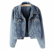 Women's Pearl Denim Jacket Casual Loose Fit Biker Jeans Outwear Coat Plus Size