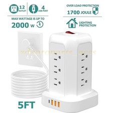 5FT Tower Power Strip with Individual Switches 12 Outlets 4 USB Ports 1 Type C 