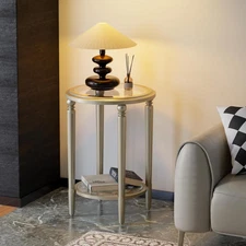 round Side Table, End Table Glass with Wood Frame, Champagne Gold Bedside Table 