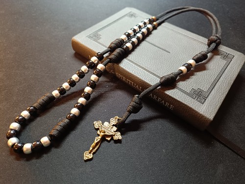 Rugged Rosary, Strong, Tough, Handmade Black Paracord, Bronze Crucifix, Catholic - Picture 1 of 7