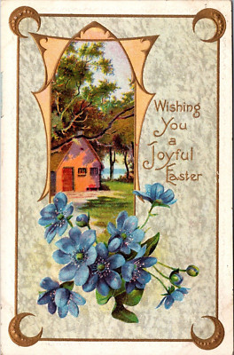Postcard Illustrated Joyful Easter Greeting Floral House Embossed 1909