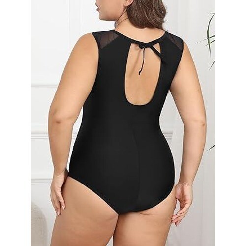 Costume da bagno taglie forti pezzo unico controllo pancia costume da bagno rete nero - Foto 3 di 3