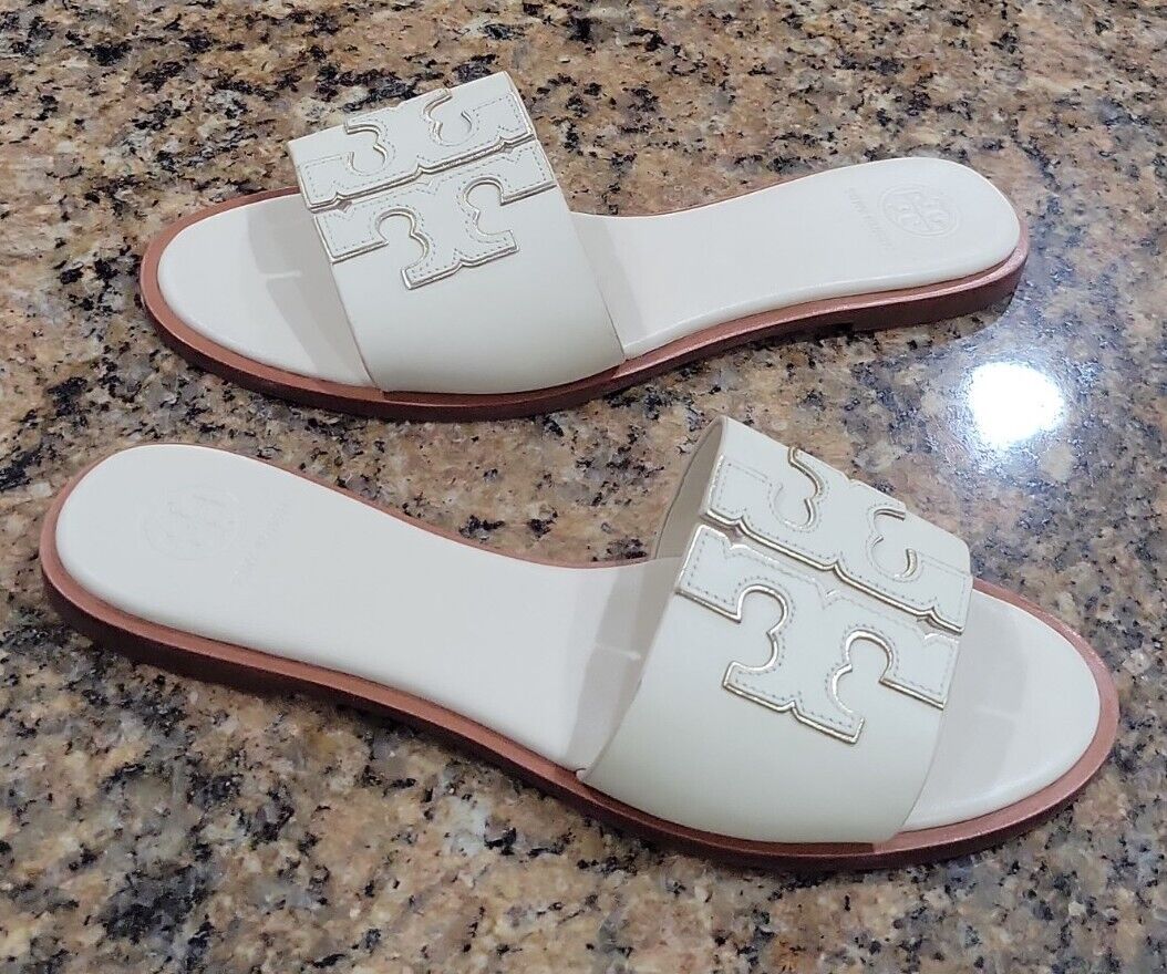 Tory Burch Ines Slides Sandals Flat White Gold Leather Logo Womens Shoes   New | eBay