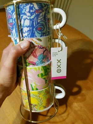Lilly Pulitzer Espresso Stacking Cup Mugs Set oz Caddy Stand Target  XXO