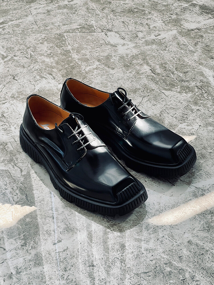 2025 Mens Square Toe Casual Genuine Leather Shoes Flat Black Shoes Cowhide  Shoes